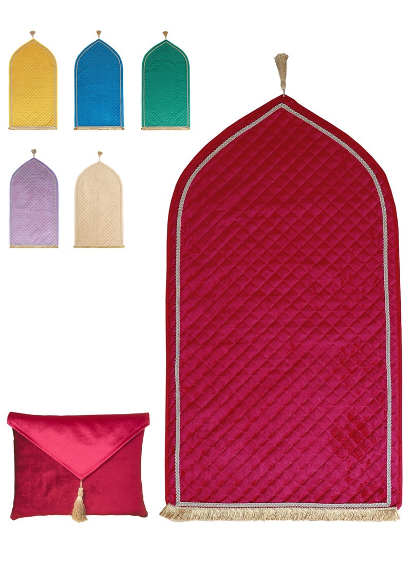 Velvet Muslim Prayer Mat Thick Soft, Soft Prayer Rug,Prayer Rug with Tassels, Foldable Flannel Prayer Rug for Men & Women, Prayer Mats for Ramadans Eid, Daily Salah, Claret Red - Image 1